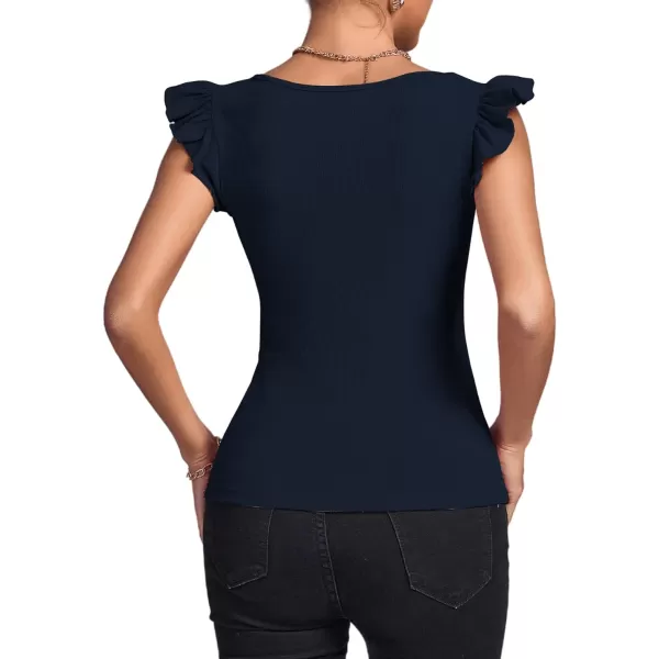 LYANER Women's Square Neck Ruffle Cap Sleeve Ribbed Knit Solid Slim Fit Tee Top