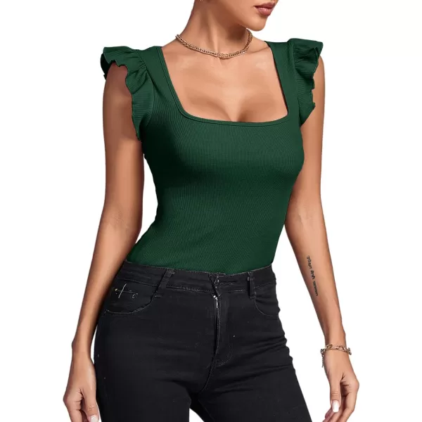 LYANER Women's Square Neck Ruffle Cap Sleeve Ribbed Knit Solid Slim Fit Tee Top