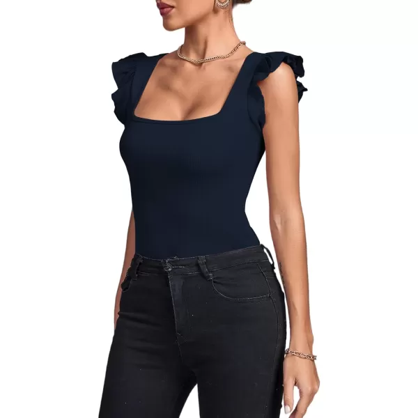 LYANER Women's Square Neck Ruffle Cap Sleeve Ribbed Knit Solid Slim Fit Tee Top