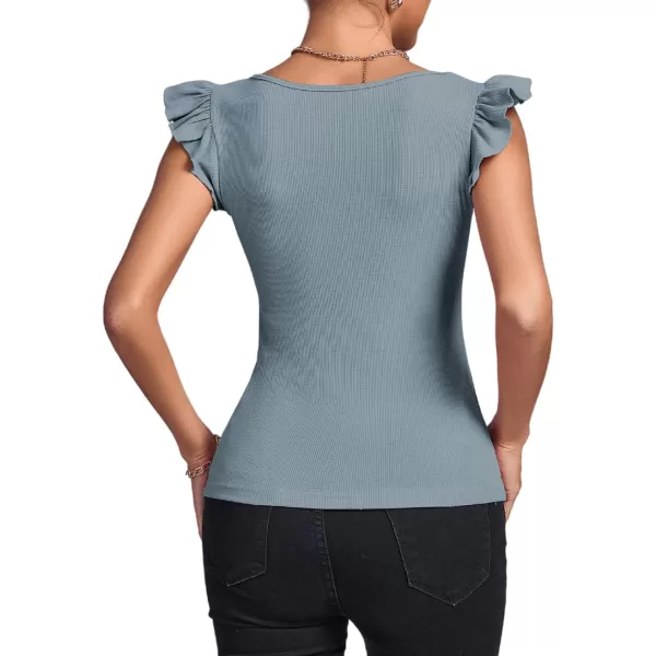 LYANER Women's Square Neck Ruffle Cap Sleeve Ribbed Knit Solid Slim Fit Tee Top