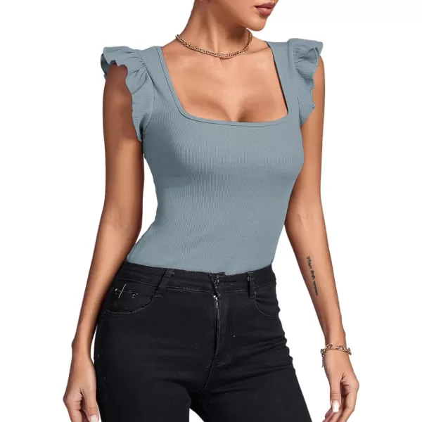 LYANER Women's Square Neck Ruffle Cap Sleeve Ribbed Knit Solid Slim Fit Tee Top