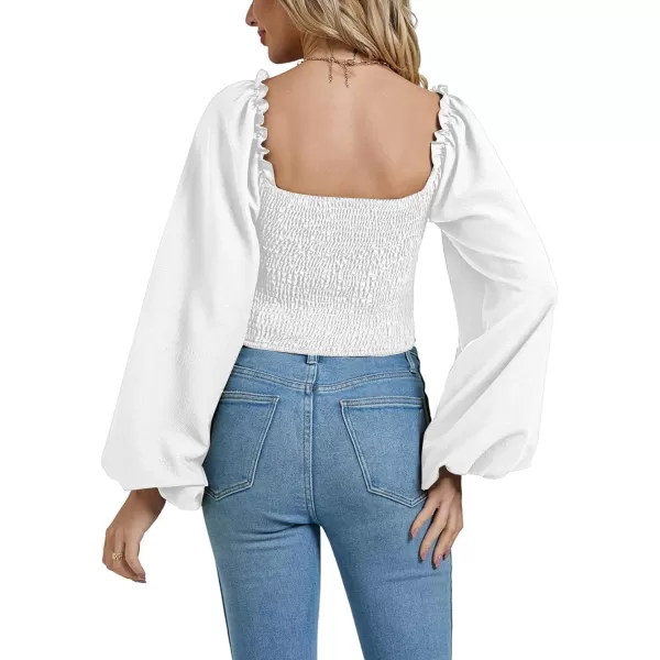 LYANER Women's Square Neck Shirred Back Puff Long Sleeve Crop Blouse Shirt Top