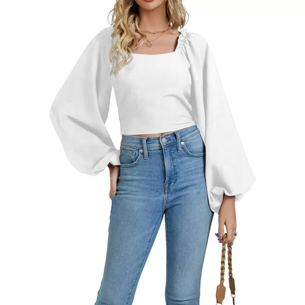 LYANER Women's Square Neck Shirred Back Puff Long Sleeve Crop Blouse Shirt Top
