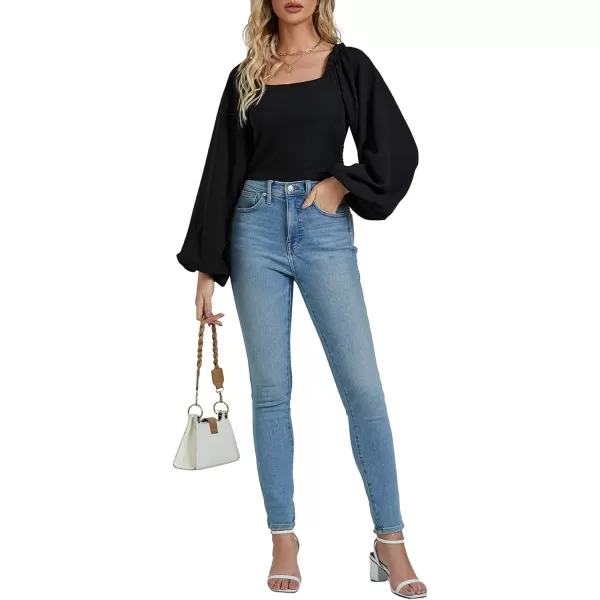 LYANER Women's Square Neck Shirred Back Puff Long Sleeve Crop Blouse Shirt Top