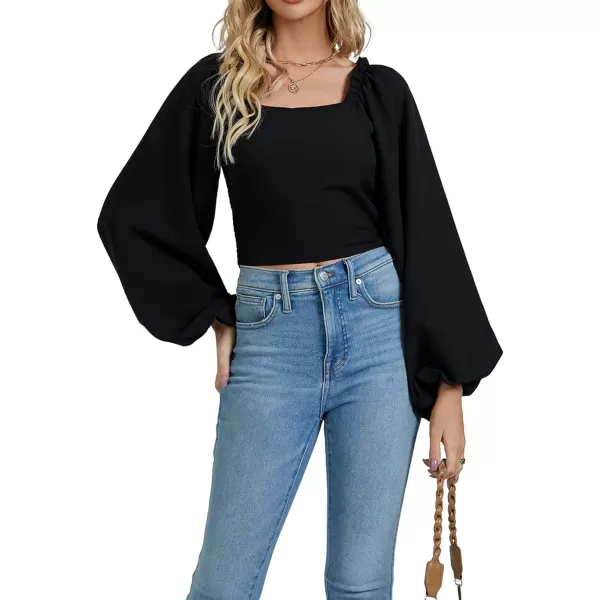 LYANER Women's Square Neck Shirred Back Puff Long Sleeve Crop Blouse Shirt Top