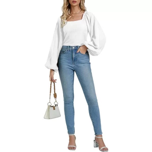 LYANER Women's Square Neck Shirred Back Puff Long Sleeve Crop Blouse Shirt Top