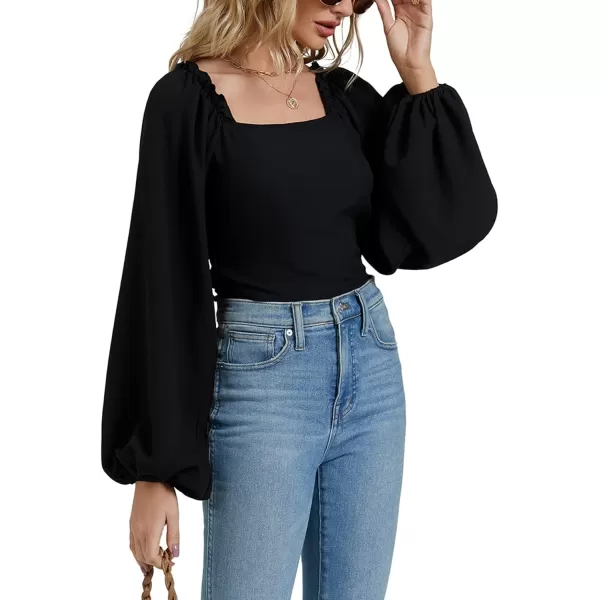 LYANER Women's Square Neck Shirred Back Puff Long Sleeve Crop Blouse Shirt Top