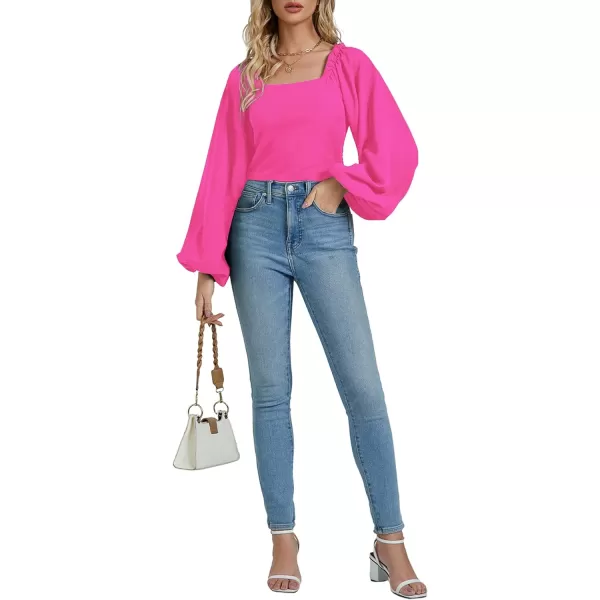 LYANER Women's Square Neck Shirred Back Puff Long Sleeve Crop Blouse Shirt Top
