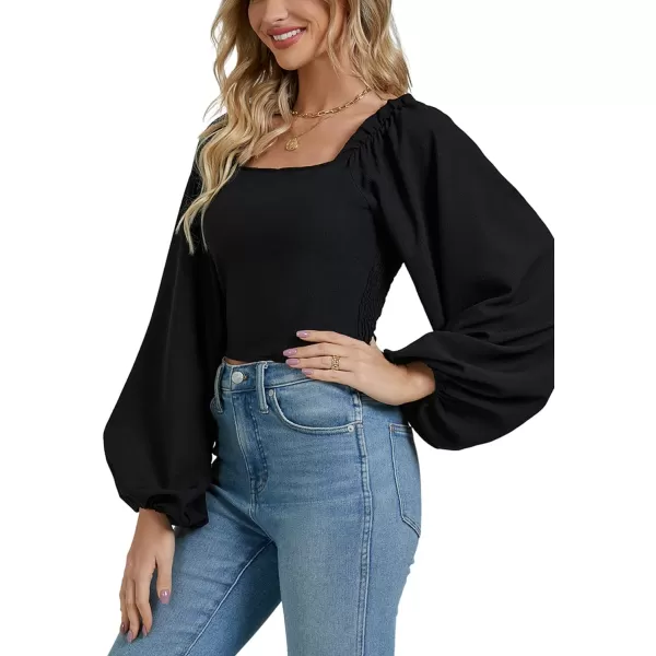 LYANER Women's Square Neck Shirred Back Puff Long Sleeve Crop Blouse Shirt Top