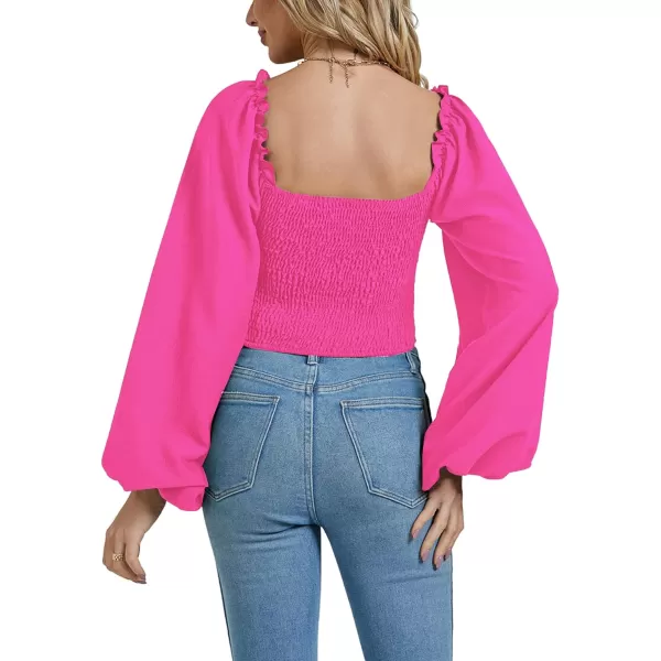 LYANER Women's Square Neck Shirred Back Puff Long Sleeve Crop Blouse Shirt Top