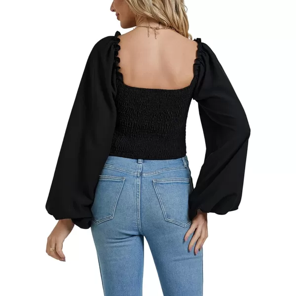 LYANER Women's Square Neck Shirred Back Puff Long Sleeve Crop Blouse Shirt Top
