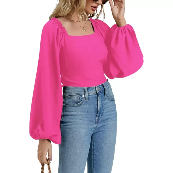 LYANER Women's Square Neck Shirred Back Puff Long Sleeve Crop Blouse Shirt Top