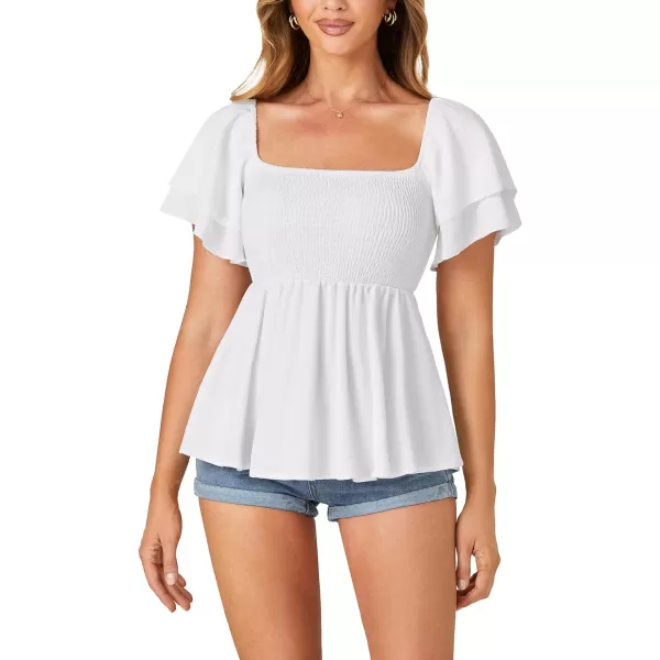 LYANER Women's Square Neck Shirred Top Ruffle Short Sleeve Babydoll Smocked Blouse