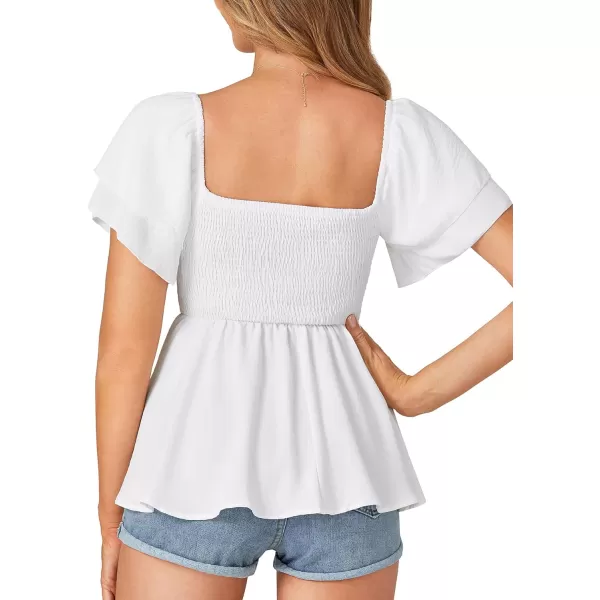 LYANER Women's Square Neck Shirred Top Ruffle Short Sleeve Babydoll Smocked Blouse