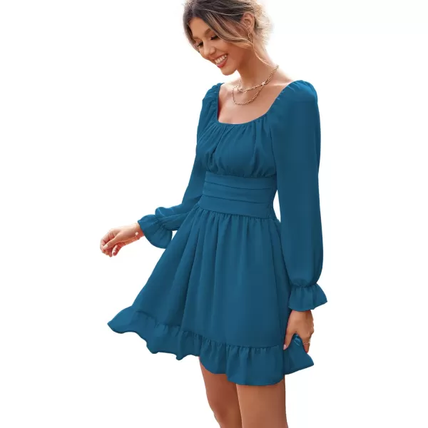 LYANER Women's Square Neck Tie Back Elastic Waist Long Sleeve Ruffle Hem Mini Dress