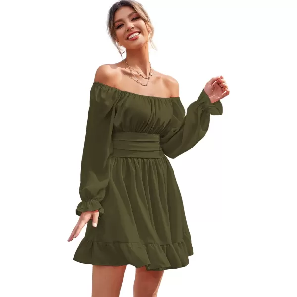 LYANER Women's Square Neck Tie Back Elastic Waist Long Sleeve Ruffle Hem Mini Dress