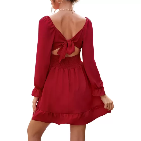 LYANER Women's Square Neck Tie Back Elastic Waist Long Sleeve Ruffle Hem Mini Dress