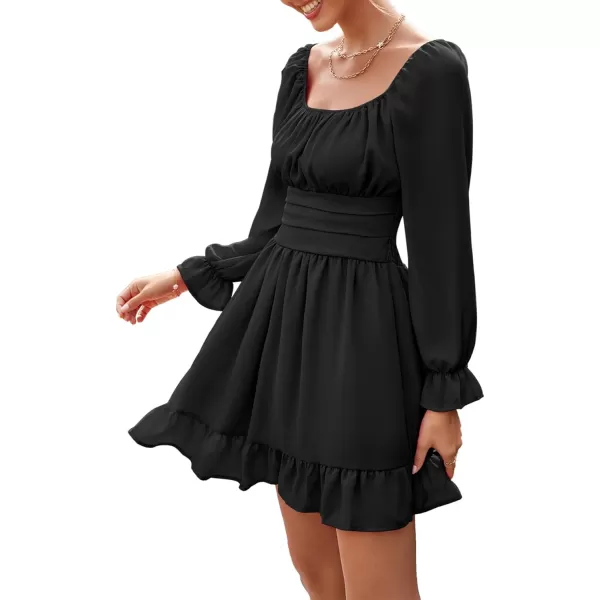 LYANER Women's Square Neck Tie Back Elastic Waist Long Sleeve Ruffle Hem Mini Dress