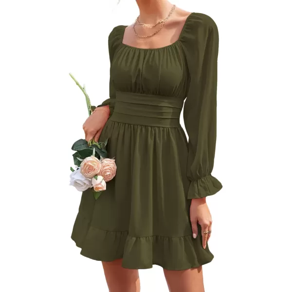 LYANER Women's Square Neck Tie Back Elastic Waist Long Sleeve Ruffle Hem Mini Dress