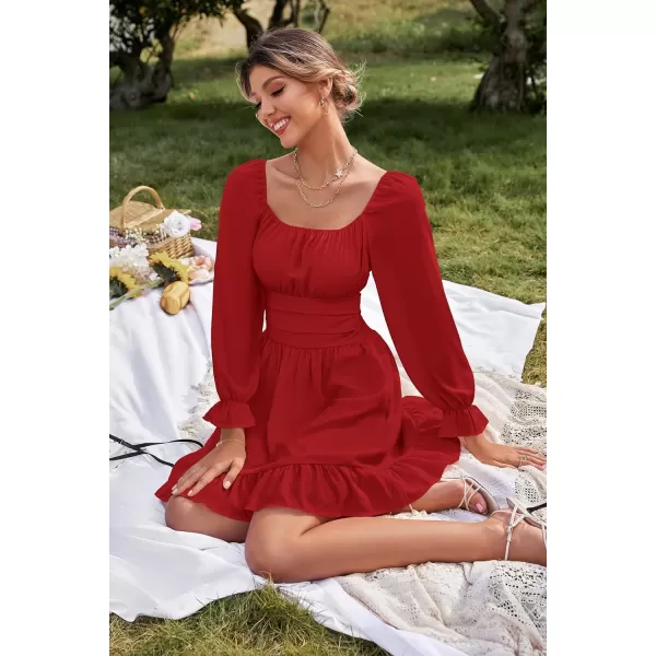 LYANER Women's Square Neck Tie Back Elastic Waist Long Sleeve Ruffle Hem Mini Dress