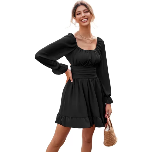 LYANER Women's Square Neck Tie Back Elastic Waist Long Sleeve Ruffle Hem Mini Dress