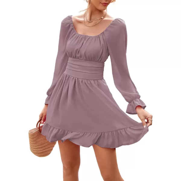 LYANER Women's Square Neck Tie Back Elastic Waist Long Sleeve Ruffle Hem Mini Dress