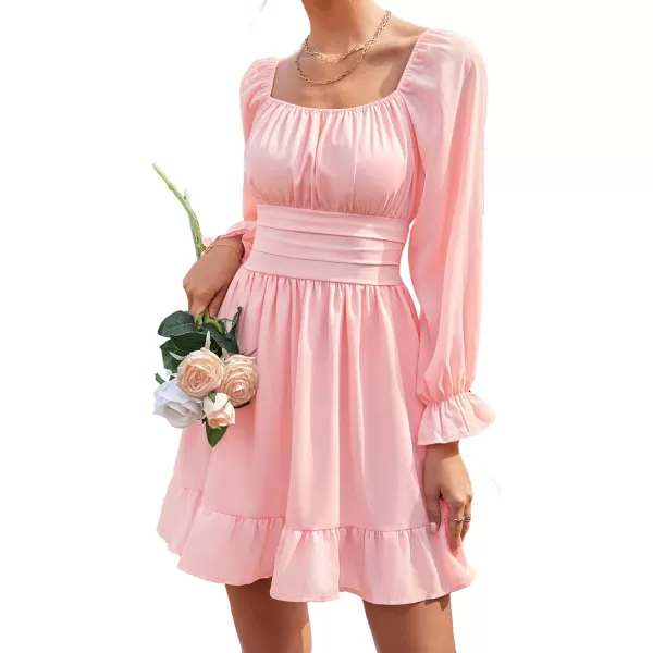 LYANER Women's Square Neck Tie Back Elastic Waist Long Sleeve Ruffle Hem Mini Dress