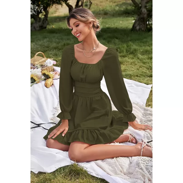 LYANER Women's Square Neck Tie Back Elastic Waist Long Sleeve Ruffle Hem Mini Dress