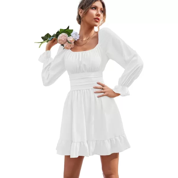 LYANER Women's Square Neck Tie Back Elastic Waist Long Sleeve Ruffle Hem Mini Dress