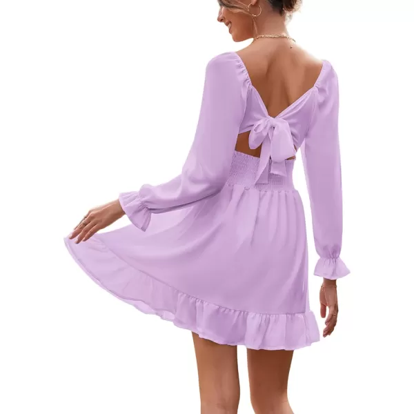 LYANER Women's Square Neck Tie Back Elastic Waist Long Sleeve Ruffle Hem Mini Dress