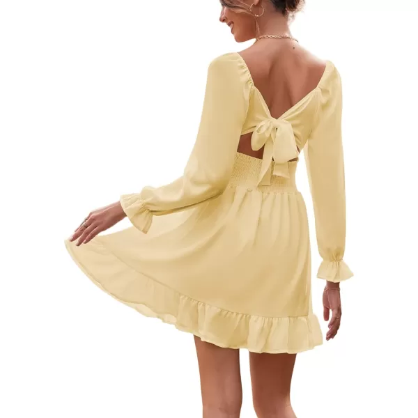 LYANER Women's Square Neck Tie Back Elastic Waist Long Sleeve Ruffle Hem Mini Dress