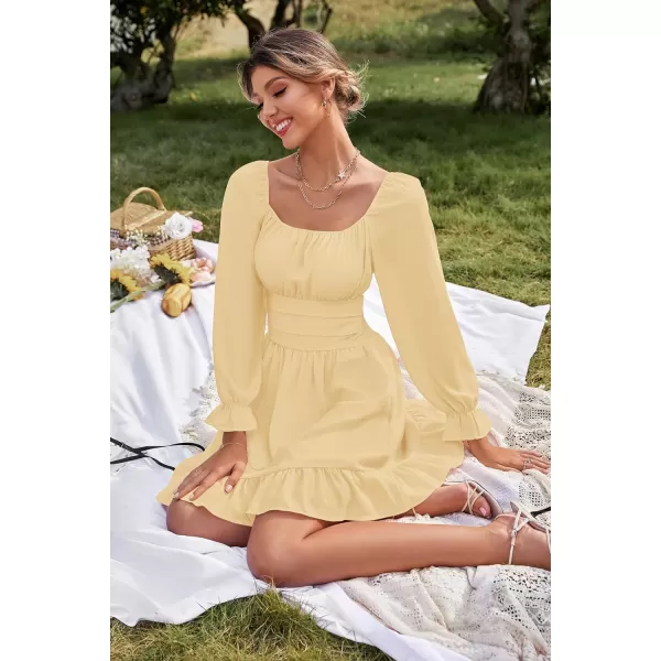 LYANER Women's Square Neck Tie Back Elastic Waist Long Sleeve Ruffle Hem Mini Dress