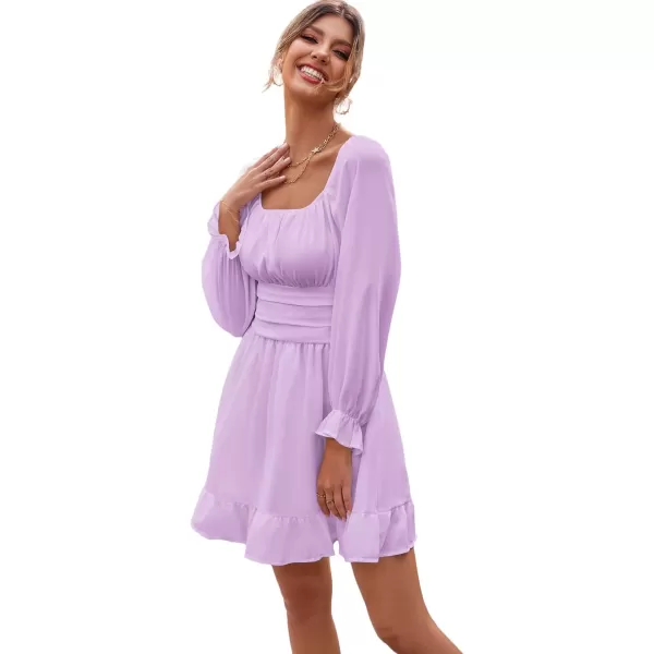 LYANER Women's Square Neck Tie Back Elastic Waist Long Sleeve Ruffle Hem Mini Dress