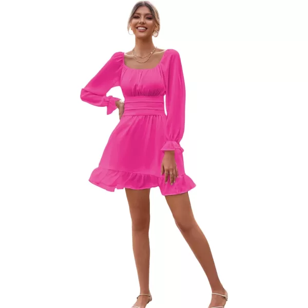 LYANER Women's Square Neck Tie Back Elastic Waist Long Sleeve Ruffle Hem Mini Dress