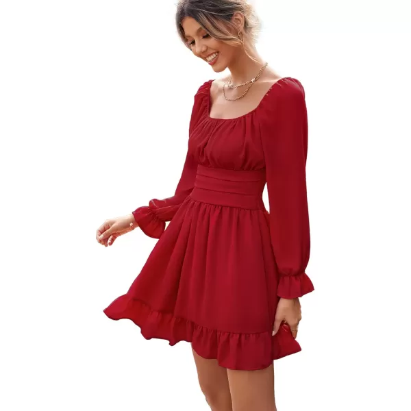 LYANER Women's Square Neck Tie Back Elastic Waist Long Sleeve Ruffle Hem Mini Dress