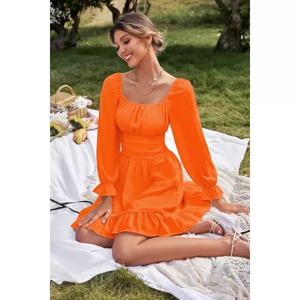 LYANER Women's Square Neck Tie Back Elastic Waist Long Sleeve Ruffle Hem Mini Dress