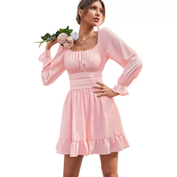 LYANER Women's Square Neck Tie Back Elastic Waist Long Sleeve Ruffle Hem Mini Dress