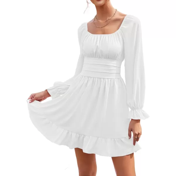 LYANER Women's Square Neck Tie Back Elastic Waist Long Sleeve Ruffle Hem Mini Dress