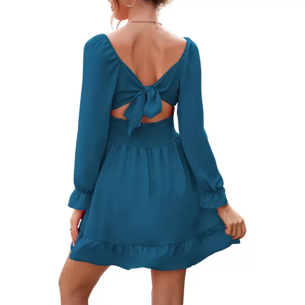 LYANER Women's Square Neck Tie Back Elastic Waist Long Sleeve Ruffle Hem Mini Dress
