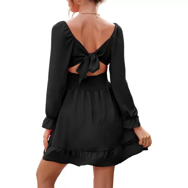 LYANER Women's Square Neck Tie Back Elastic Waist Long Sleeve Ruffle Hem Mini Dress