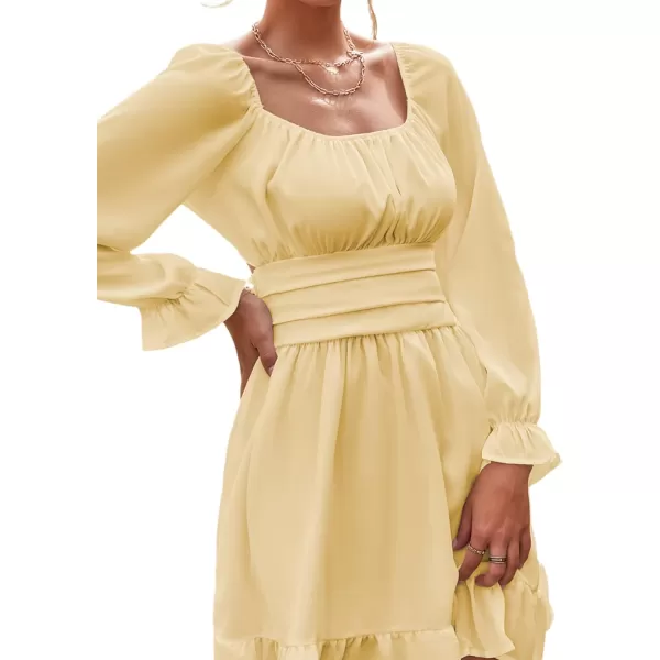 LYANER Women's Square Neck Tie Back Elastic Waist Long Sleeve Ruffle Hem Mini Dress