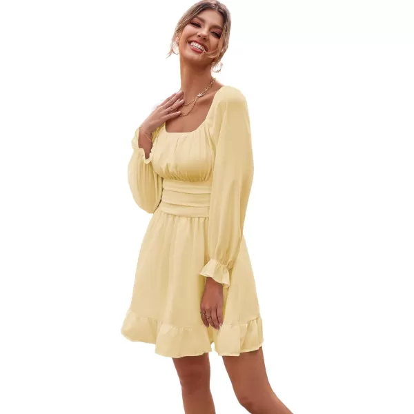 LYANER Women's Square Neck Tie Back Elastic Waist Long Sleeve Ruffle Hem Mini Dress