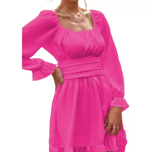 LYANER Women's Square Neck Tie Back Elastic Waist Long Sleeve Ruffle Hem Mini Dress
