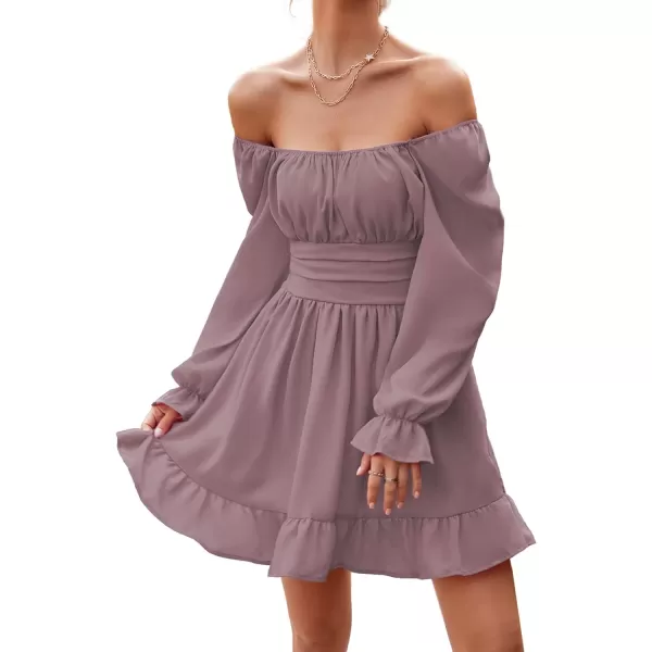 LYANER Women's Square Neck Tie Back Elastic Waist Long Sleeve Ruffle Hem Mini Dress