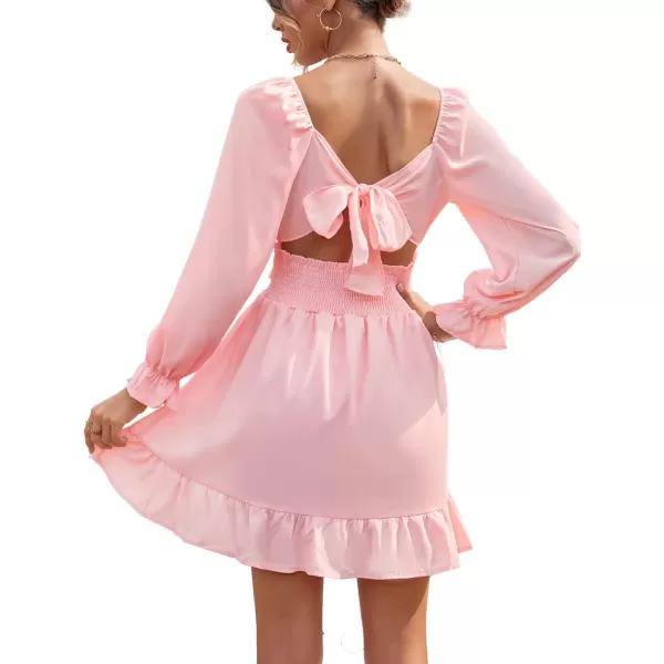 LYANER Women's Square Neck Tie Back Elastic Waist Long Sleeve Ruffle Hem Mini Dress