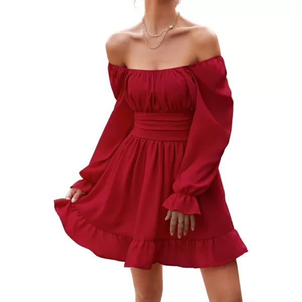 LYANER Women's Square Neck Tie Back Elastic Waist Long Sleeve Ruffle Hem Mini Dress