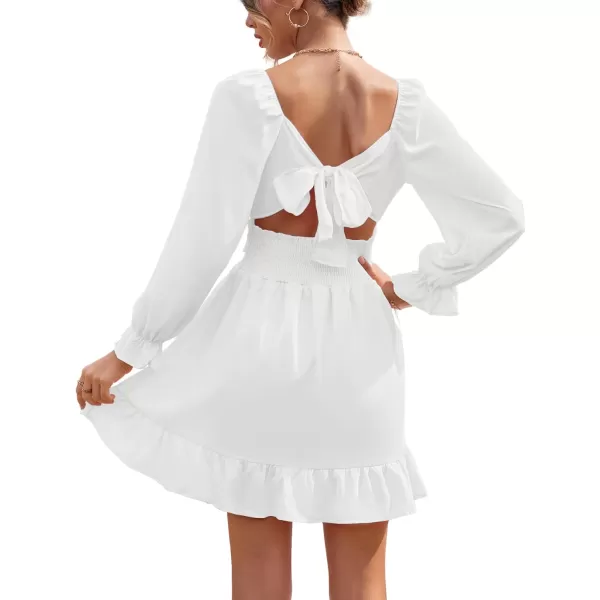 LYANER Women's Square Neck Tie Back Elastic Waist Long Sleeve Ruffle Hem Mini Dress