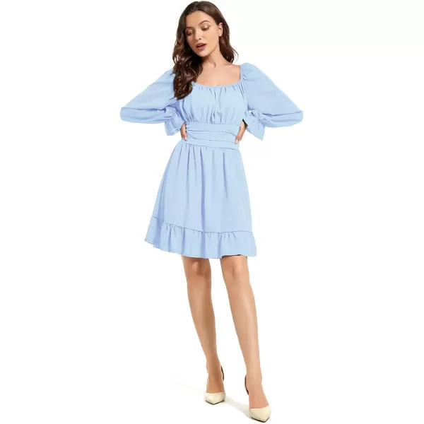 LYANER Women's Square Neck Tie Back Elastic Waist Long Sleeve Ruffle Hem Mini Dress