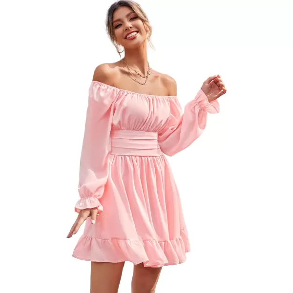 LYANER Women's Square Neck Tie Back Elastic Waist Long Sleeve Ruffle Hem Mini Dress