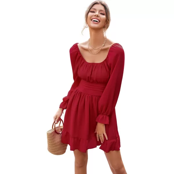 LYANER Women's Square Neck Tie Back Elastic Waist Long Sleeve Ruffle Hem Mini Dress